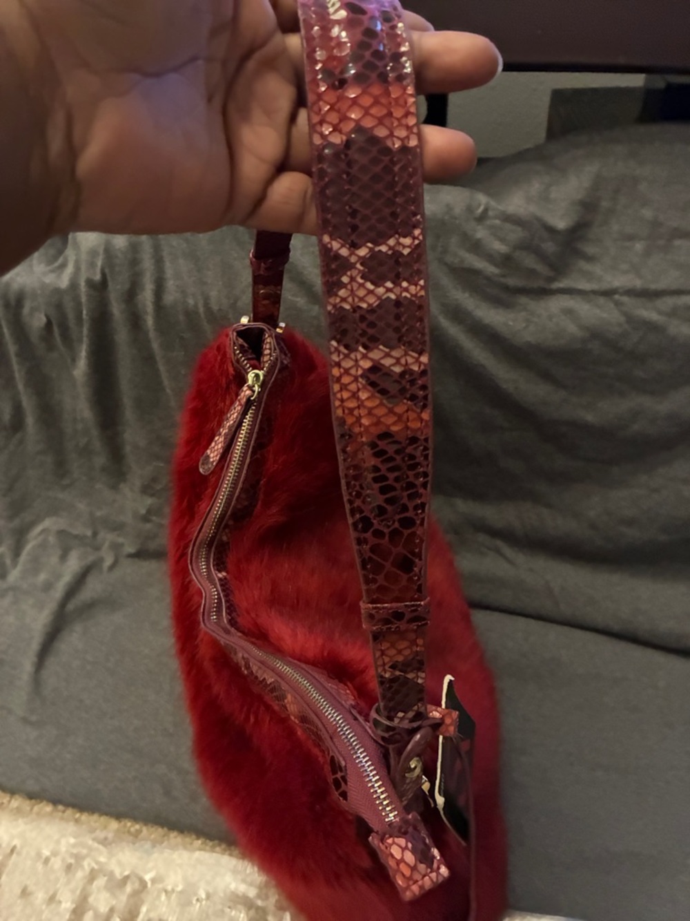 Faux Fur Shoulder Bag in Burgundy - Picture 5 of 6